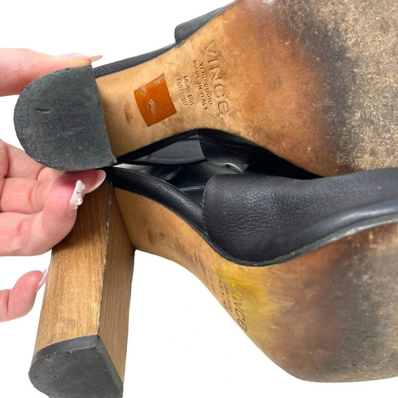 Vince Addie Cutout Black Leather‎ Sandal Wood Heels Size US 8 - Picture 13 of 14